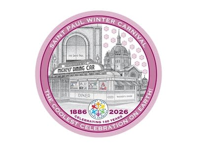 A circular illustration featuring Mickey's Dining Car, the St. Paul Hotel and the Cathedral.