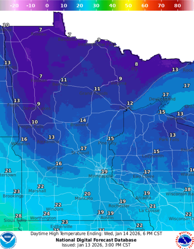 Forecast high temperatures Wednesday