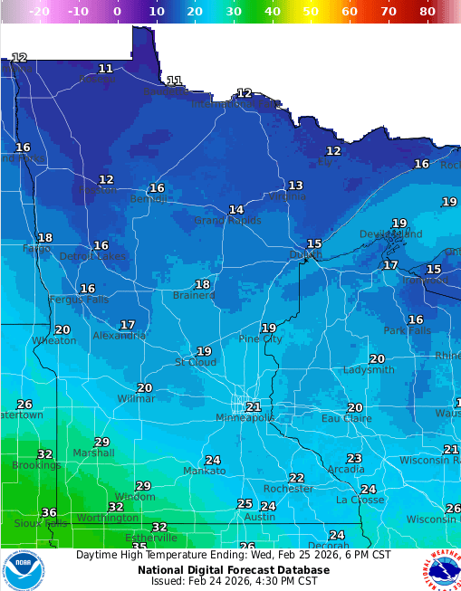 Forecast high temperatures Wednesday
