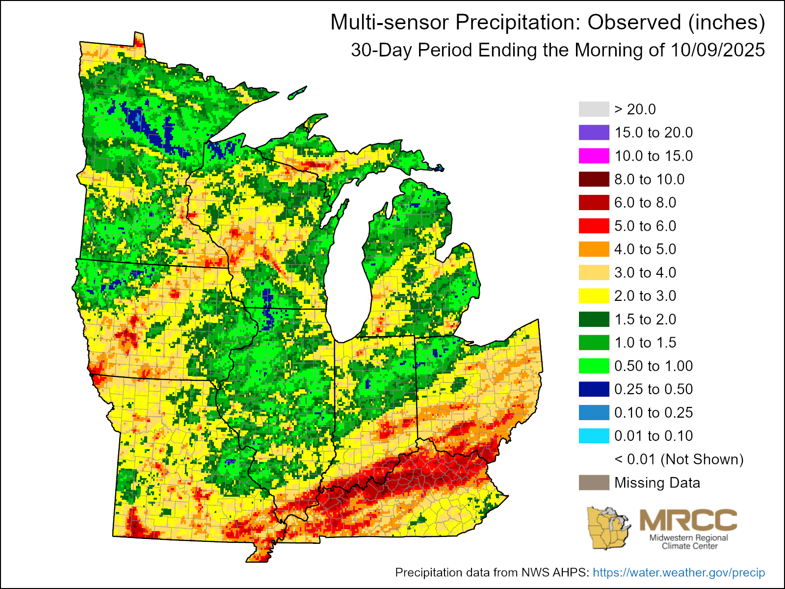 Observed precipitation over the past 30 days