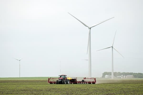 A farmer sprays one of his fields among wind turbines near Luverne