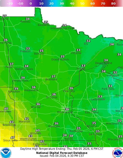 Forecast high temperatures Thursday