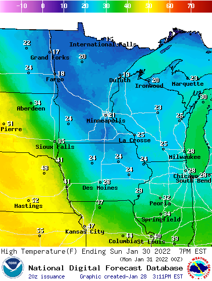 Forecast high temperatures Sunday