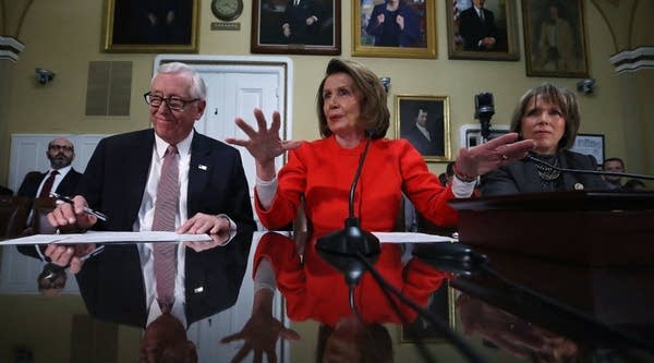 House Minority Leader Nancy Pelosi (D-CA), House Minority Whip Steny Hoyer (D-MD), and Rep. Michelle Lynn Lujan Grisham (D-NM) participate in a House Rules Committee meeting as negotiations continue on funding the government to avert a shutdown at midnight on Friday night, at the U.S. Capitol on December 21, 2017 in Washington, D.C.