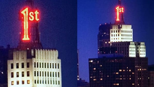 The 1st National sign lit up in St. Paul.