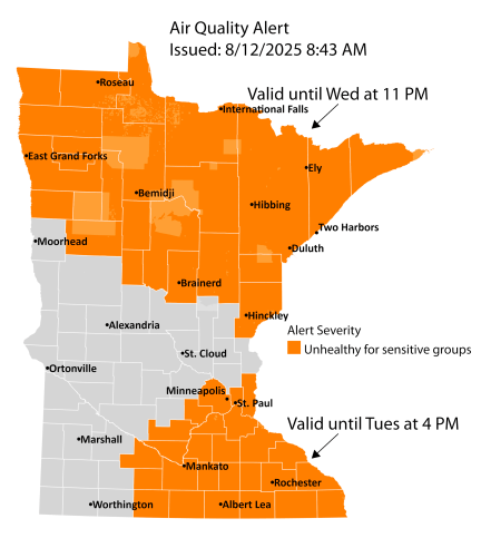 Better air quality south; another alert for northern Minnesota through Wednesday
