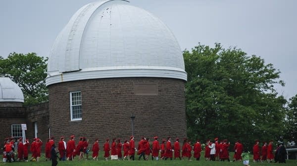 MIDDLETOWN, CT - MAY 27: Students arrive to attend the commencement ceremony on May 27, 2018 at Wesleyan University in Middletown, Connecticut. Law professor Anita Hill spoke at the ceremony.
