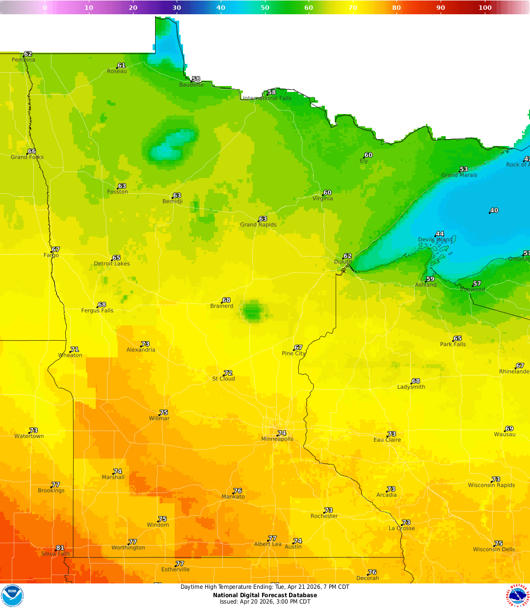 Highs for Tuesday