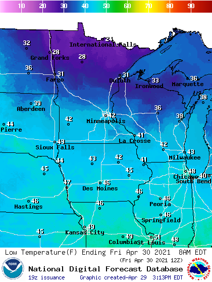 Forecast minimum temps Friday morning