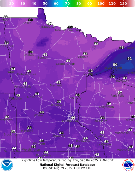 Forecast low temperatures Thursday