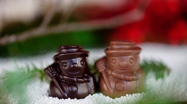 Two holiday-themed chocolates from Dean's Sweets, Kristin Thalheimer Bingham's store in Portland, Maine.