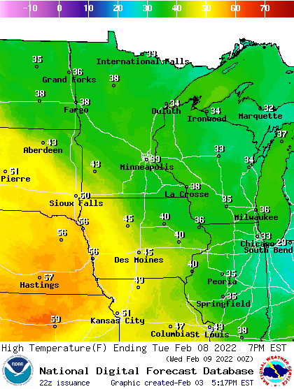 Forecast high temperatures Tuesday