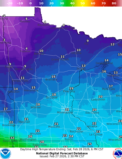 Forecast high temperatures Saturday