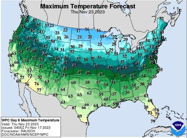 Forecast high temperatures for Thanksgiving Day