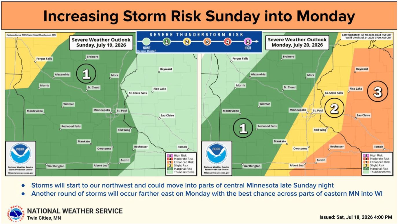Increasing storm risk Sunday into Monday