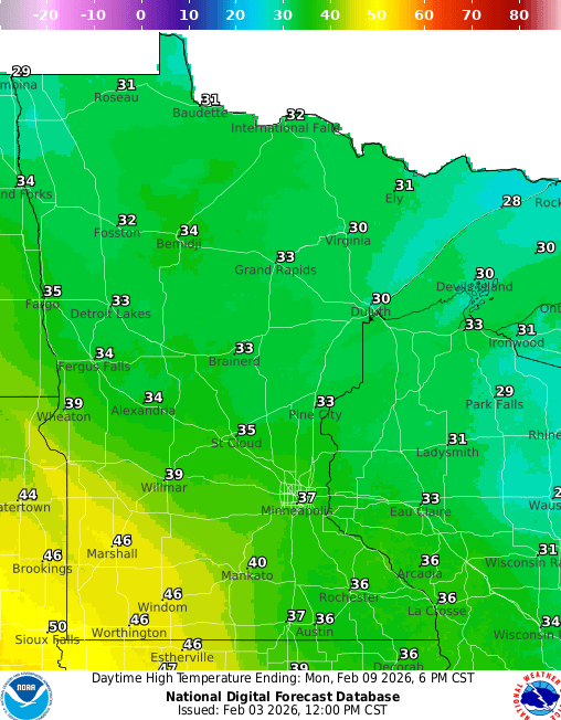 Forecast high temperatures Monday