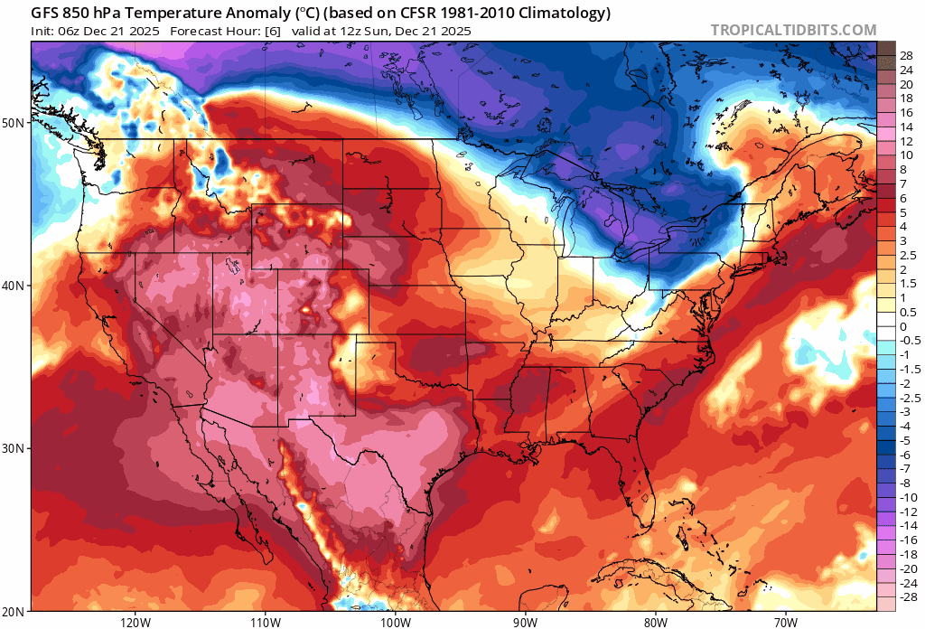 850 millibar temperature anomalies for Sunday through Christmas