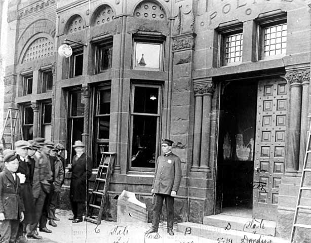 Duluth police station after damage by lynching mob in 1920.