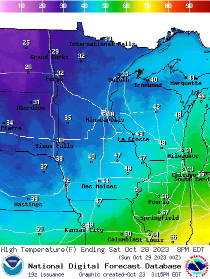 Forecast high temperatures Saturday