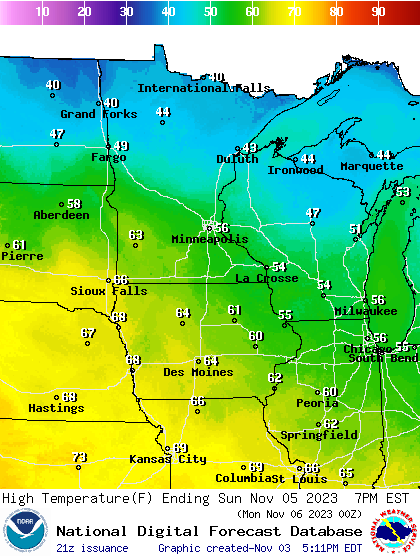Forecast high temperatures Sunday