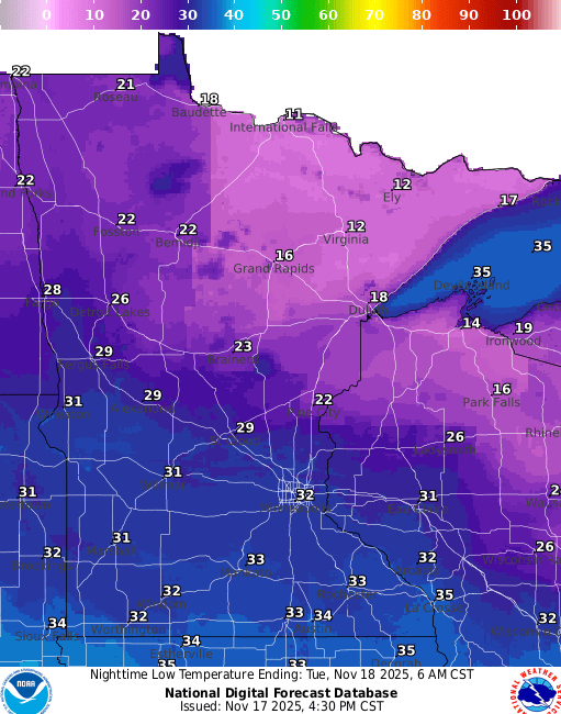 Forecast low temperatures Tuesday