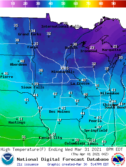 Forecast high temperatures Wednesday