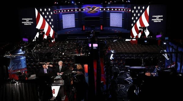 etwork television news teams broadcast from the site of Monday night's presidential debate between Democratic presidential candidate Hillary Clinton and Republican presidential candidate Donald Trump at Hofstra University on September 26, 2016 in Hempstead, New York.