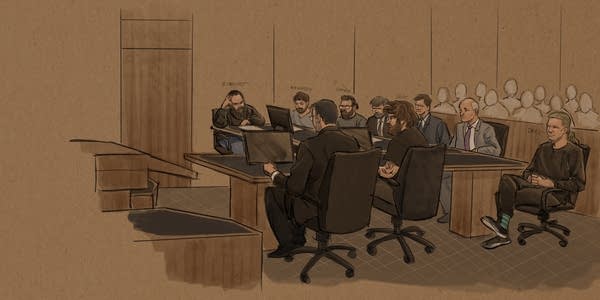 A court sketch of people in formal wear sitting in wheeled office chairs in a courtroom.