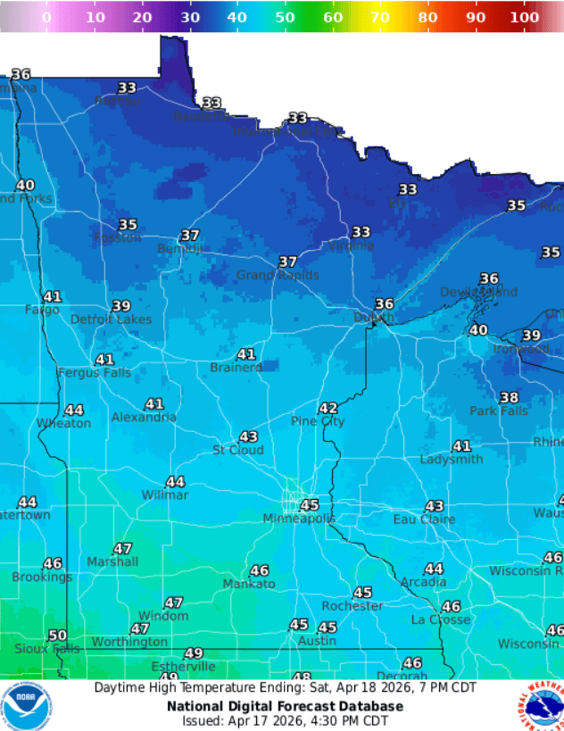 Forecast high temperatures Saturday