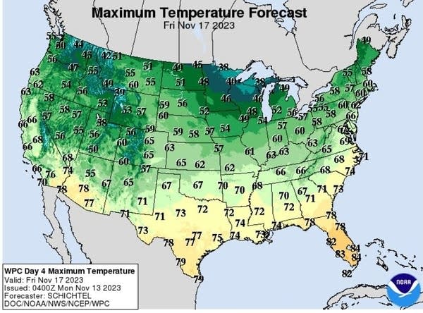 Forecast high temperatures for Friday