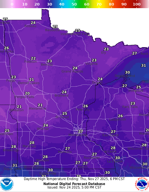Forecast high temperatures Thursday