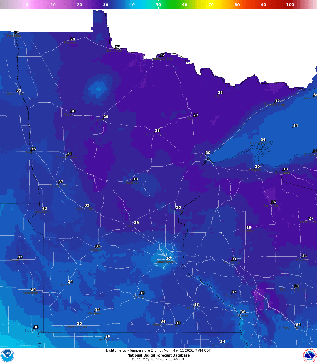 Lows for Sunday night