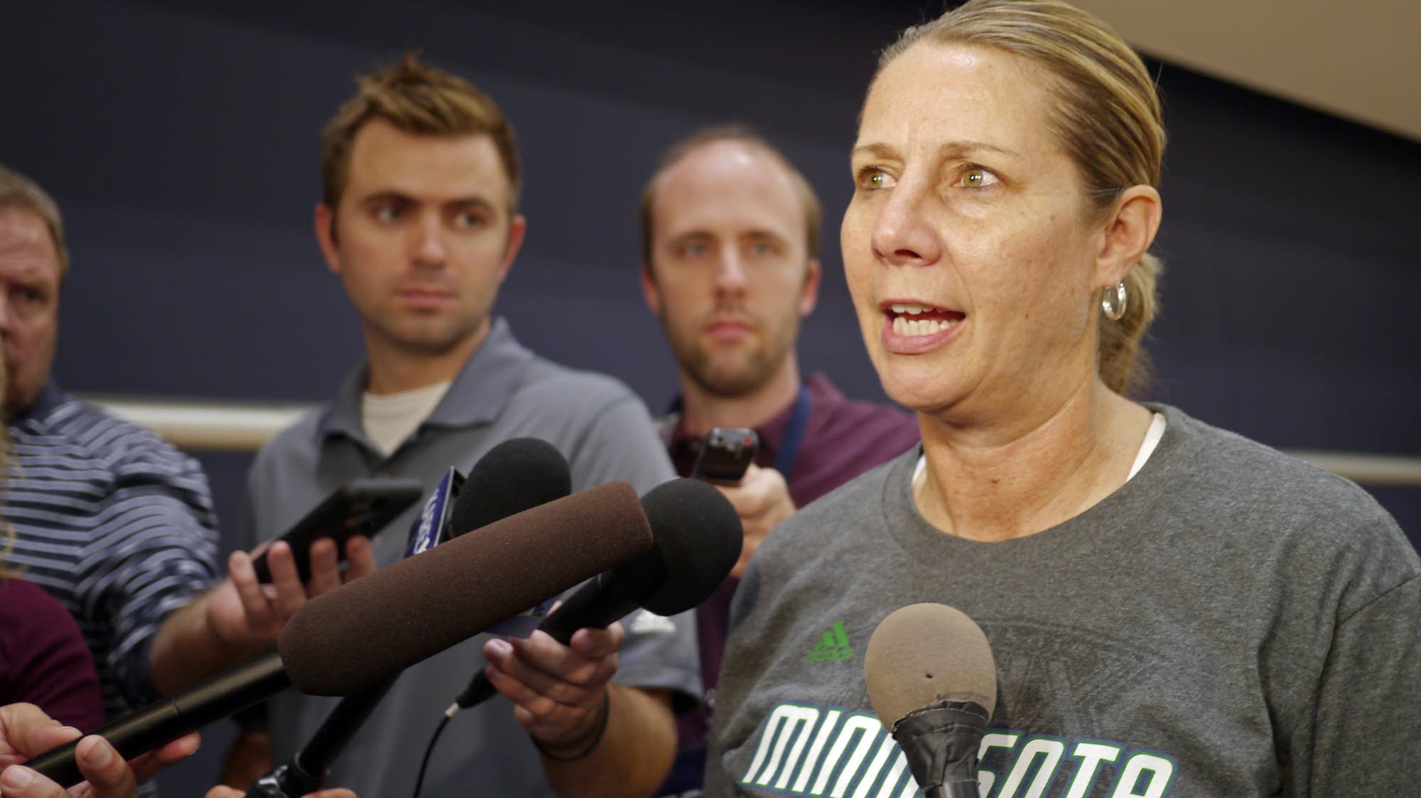 Lynx coach Cheryl Reeve talks to reporters.