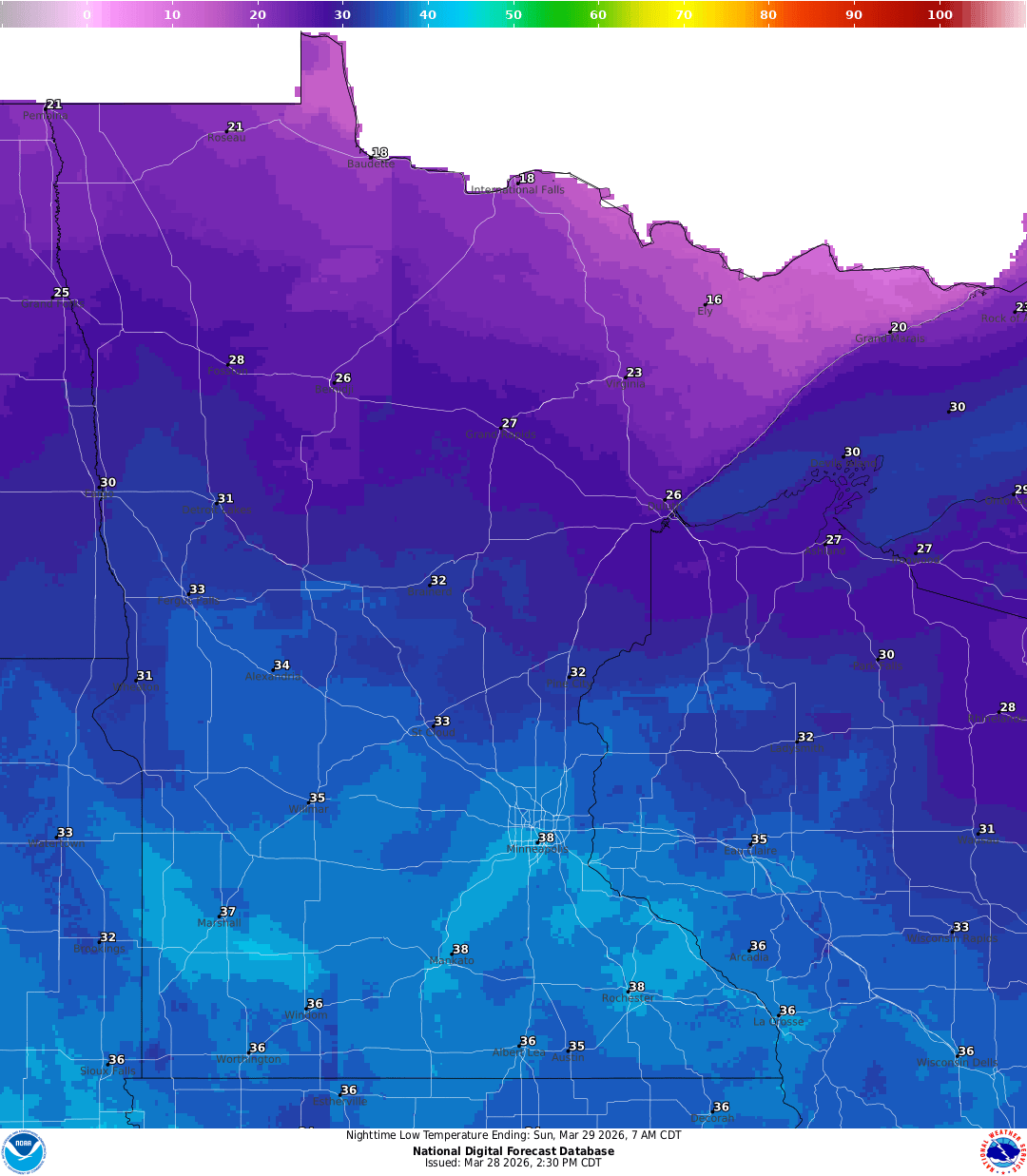 Lows for Saturday night