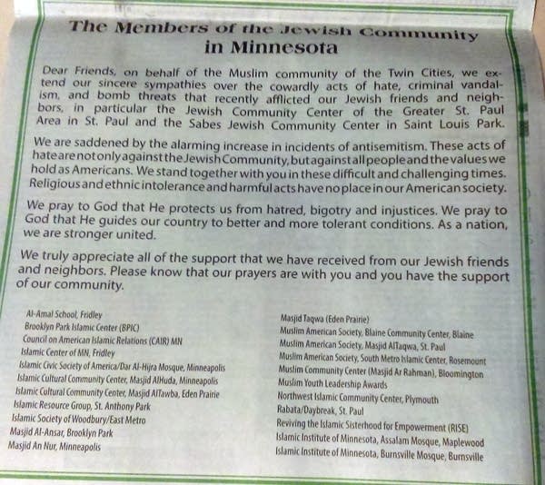 Muslim organizations’ ad offers sympathy, support to Jewish community