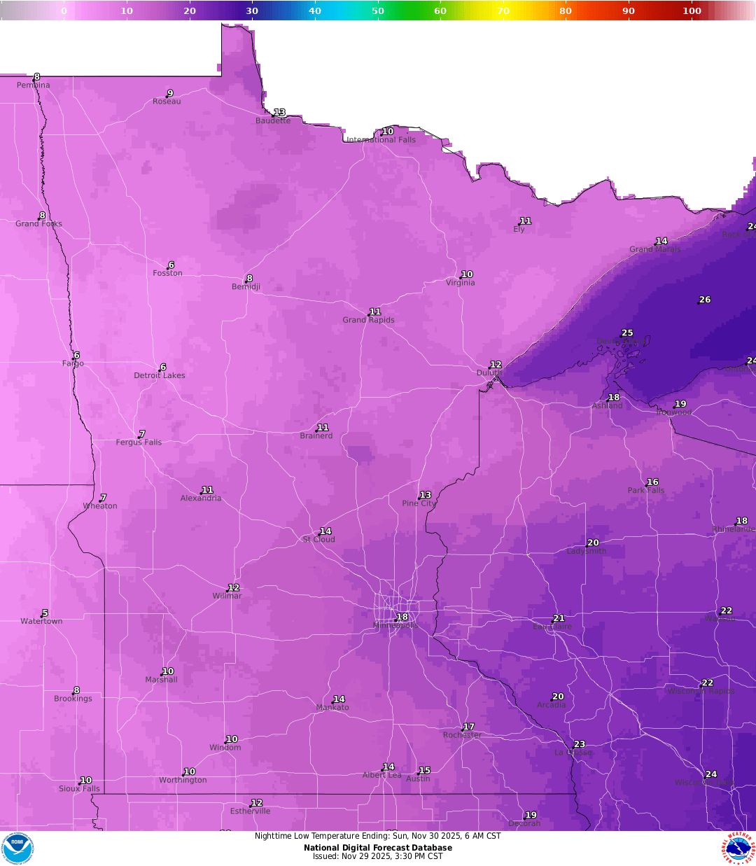 Lows for Saturday night