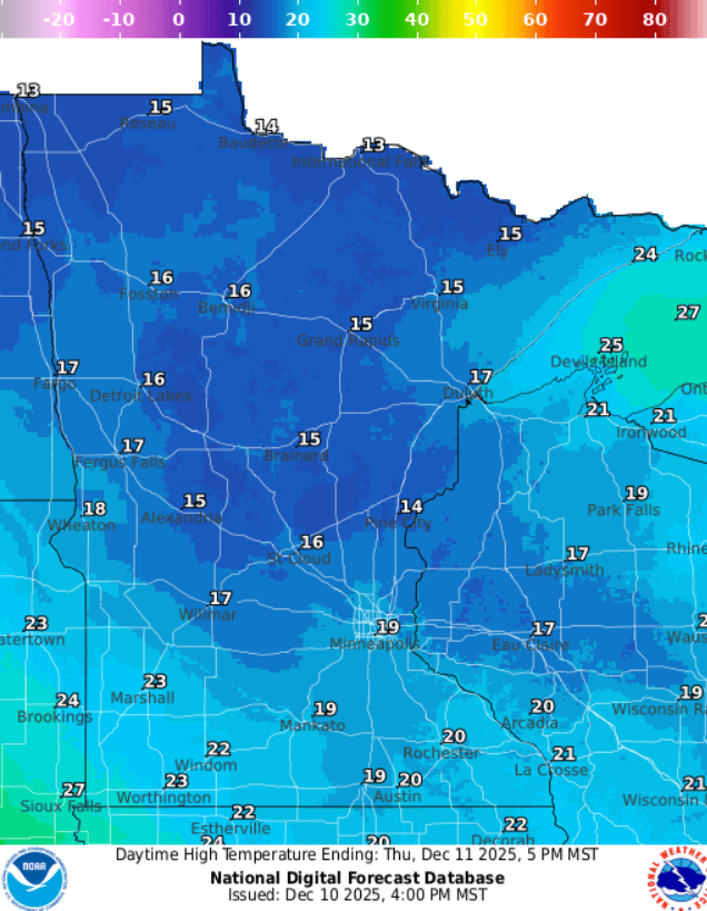 Forecast high temperatures Thursday