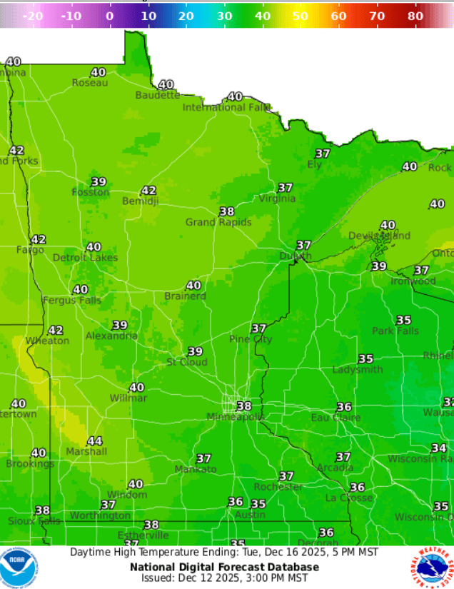 Forecast high temperatures Tuesday
