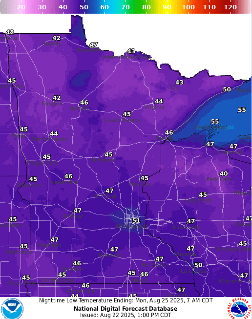 Forecast low temperatures Monday