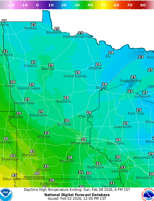 Forecast high temperatures Sunday 