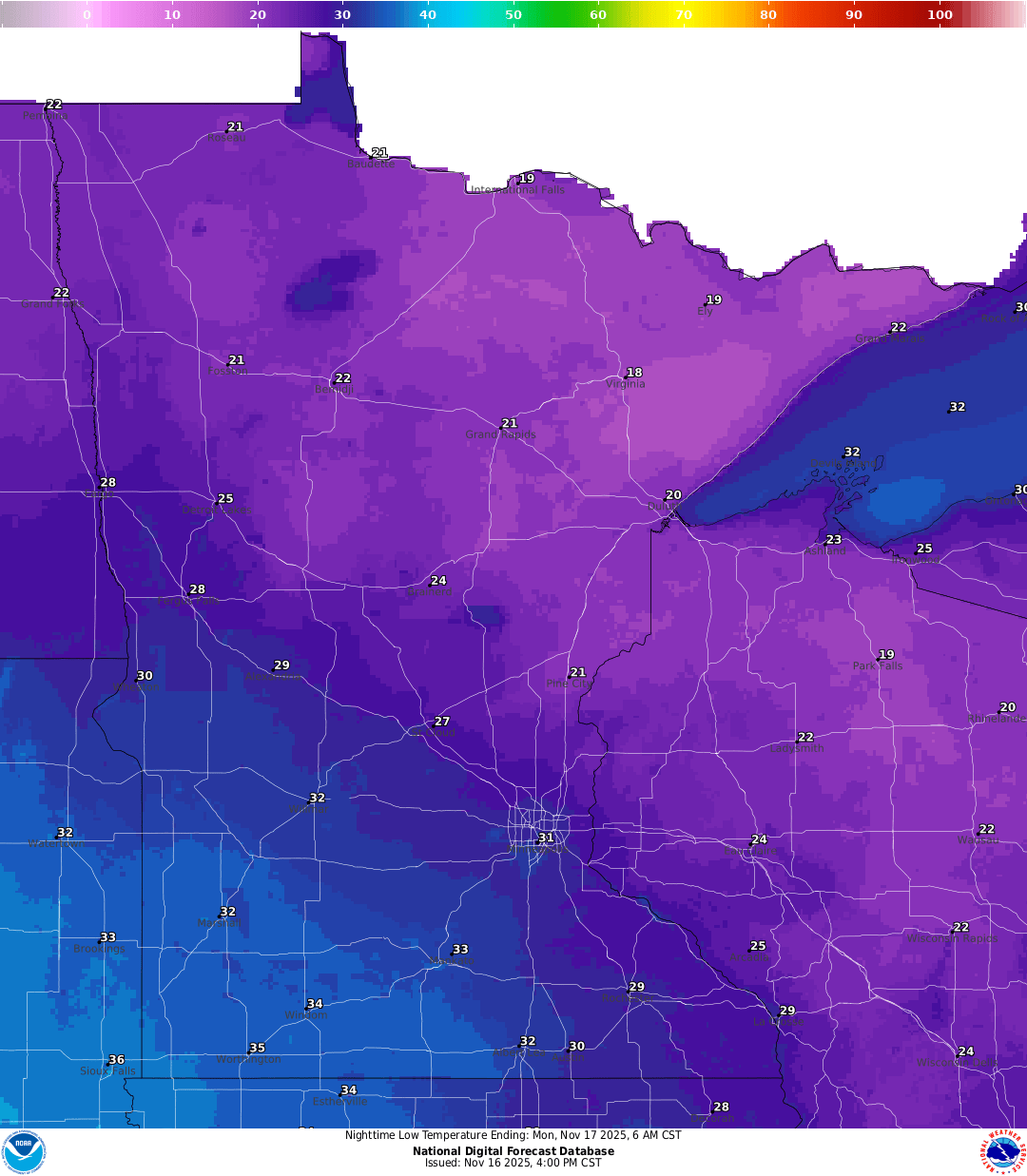 Lows for Sunday night
