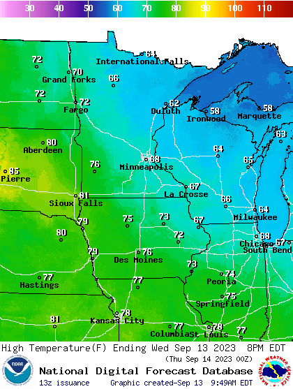 Forecast high temperatures Wednesday