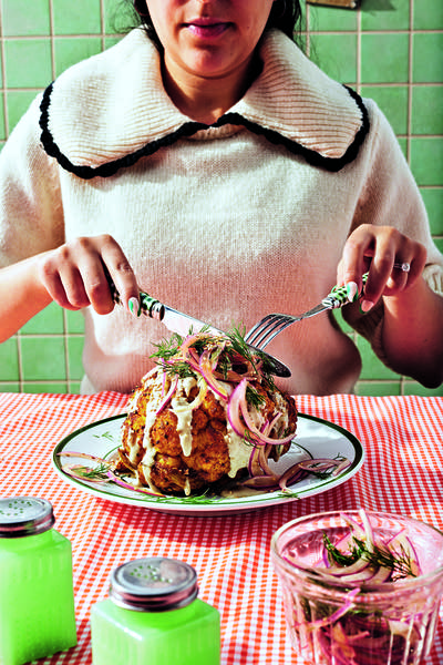 Shawarma-Spiced Whole Roasted Cauliflower with Garlicky Tahini & Quick-Pickled Onions