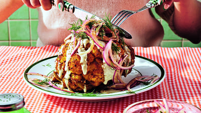 Shawarma-Spiced Whole Roasted Cauliflower with Garlicky Tahini & Quick-Pickled Onions