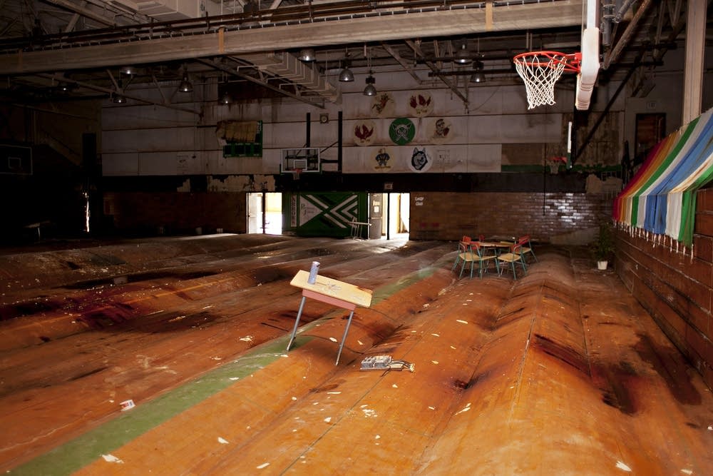 Water-damaged floor in an old gym in Pipestone.