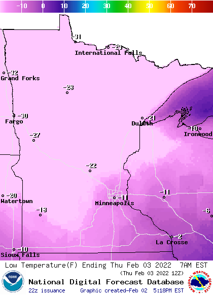 Forecast minimum temps Thursday