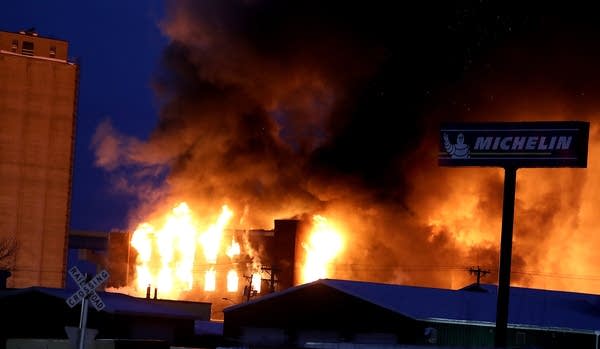 A view of a fire at a warehouse building.