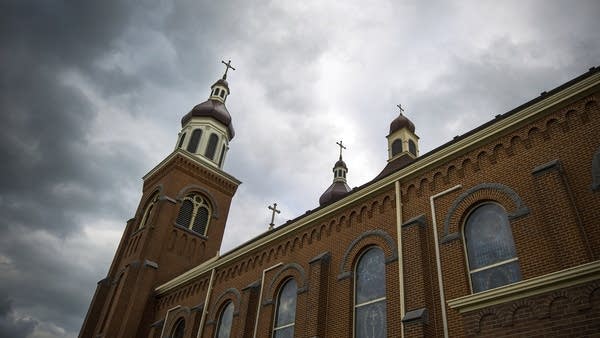 The Church of St. Mary has onion-shaped domes visible from I-94.