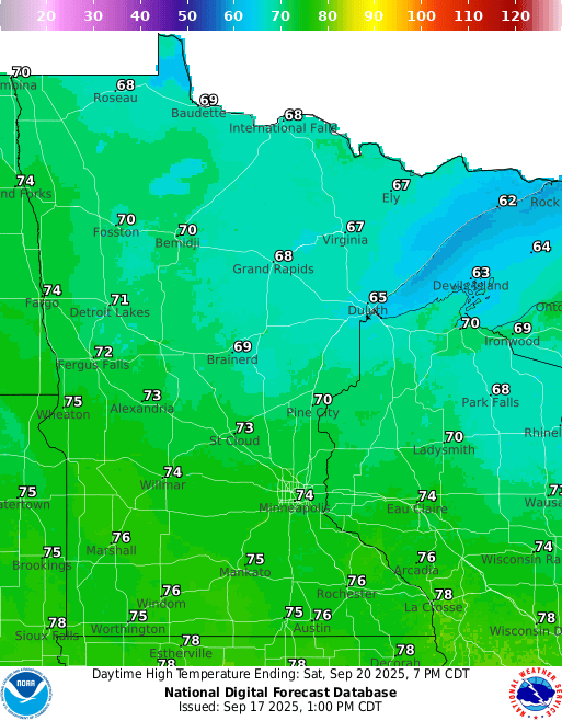Forecast high temperatures Saturday