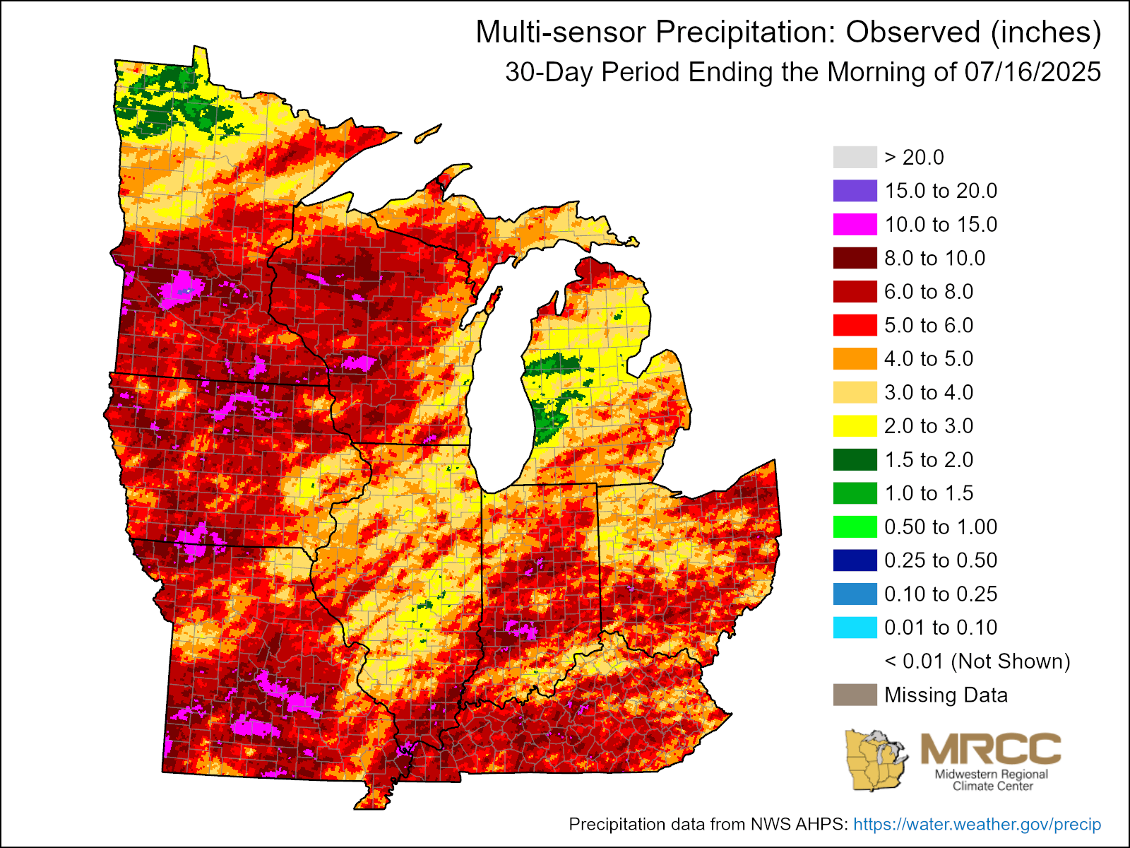 Observed precipitation over the past 30 days